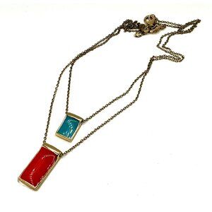 Layered Pendant Necklace With Red and Blue Enamel Rectangles On Gold-Tone Chain